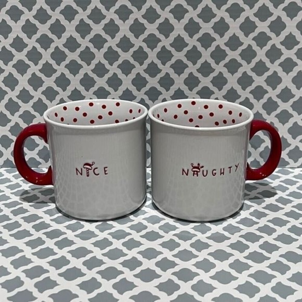 NOVOGRATZ Naughty & Nice White Ceramic Red Polka Dots Mugs 16 0z